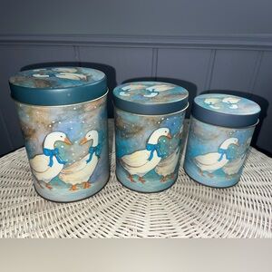 Vintage Nesting Blue Ribbon Duck Geese Metal Tin Canisters